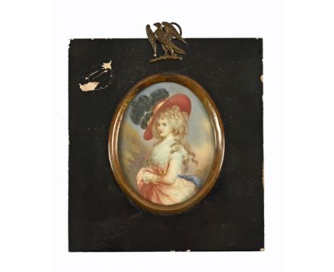 After Sir Joshua Reynolds, a 19th century portrait miniature on ivory, young lady wearing a plumed hat.  8 cm x 7 cm in eboni