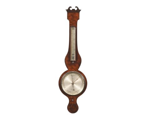 A 19th century mahogany banjo barometer, by Higgins Saffron Street London, with silvered dial and mercury thermometer.  Heigh