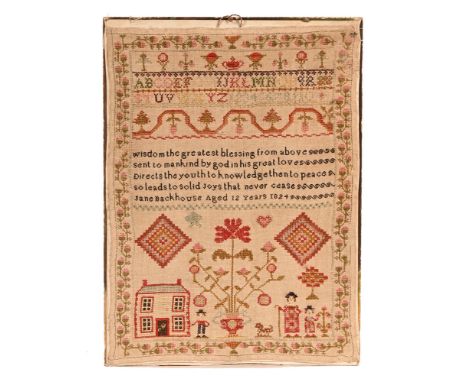 A George IV sampler by Jane Backhouse aged 12 years, dated 1824.  41 x 30 cm.   CONDITION REPORT:  The sampler is not framed.