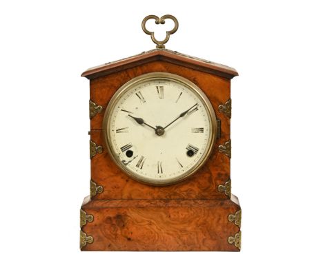 A 19th century walnut cased and metal mounted mantel clock, with two train movement.  Height 26 cm, width 21 cm, depth 10 cm.