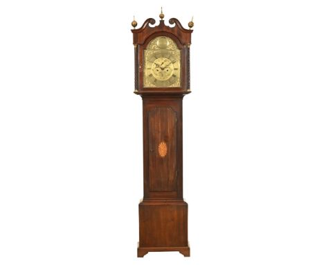 An early 19th century mahogany longcase clock, with swans neck pediment and three brass finials above the arched dial by D So