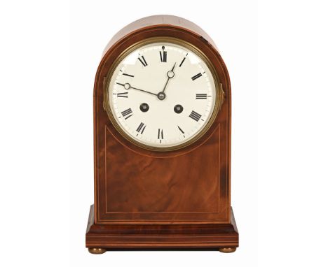 An Edwardian inlaid mahogany mantel clock, with two train striking movement.  Height 27 cm, width 18 cm, depth 12 cm.