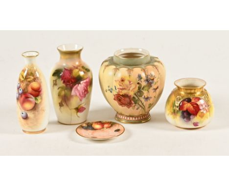 Five pieces of Royal Worcester, rose patterned vase, Kay Blake Autumn Fruits vase, a tall fruit painted vase, a melon shaped 