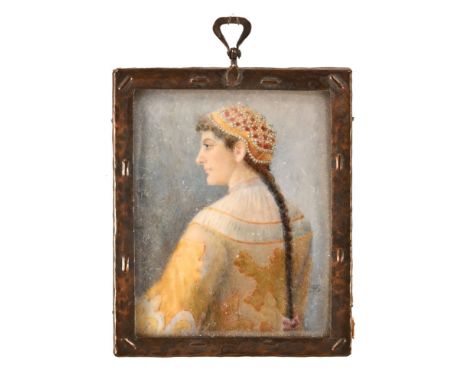 A late Victorian portrait miniature on ivory, of a person in ornate pearl jewelled headdress and oriental style clothing, ini