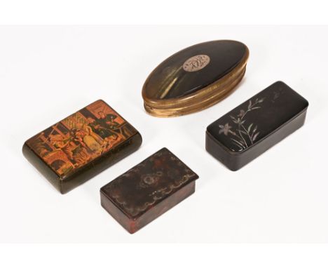 Four Georgian and later snuff boxes, papier mache and horn.   CONDITION REPORT:  The top of the oval bone box has sprung from