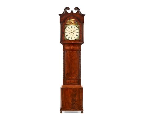 A mahogany cased longcase clock with painted dial, with farm scenes and titled John Blaylock Carlisle, with eight day movemen