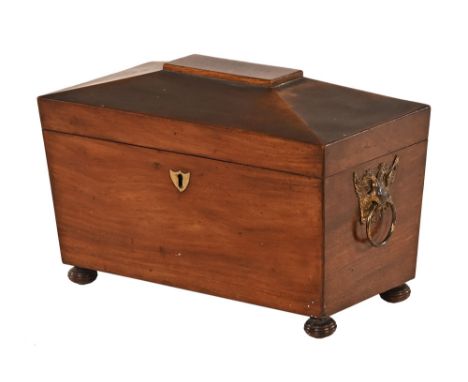 A Regency mahogany tea caddy, of sarcophagus form with brass handles and raised on turned wooden feet, opening to a fitted in