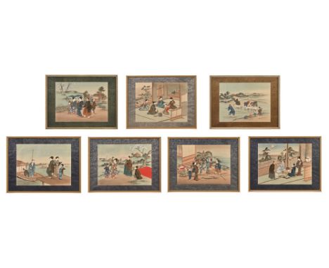 Seven Japanese paintings on silk, depicting various scenes to include Samurai, musicians etc.  35 x 45 cm.   CONDITION REPORT