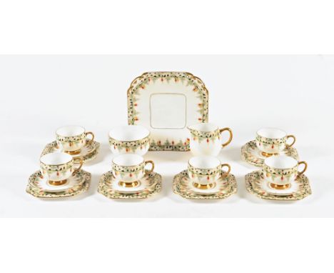 A Carlton china tea set, comprising 6 cups, 6 saucers, 6 plates, sandwich plate, sugar basin and cream jug.