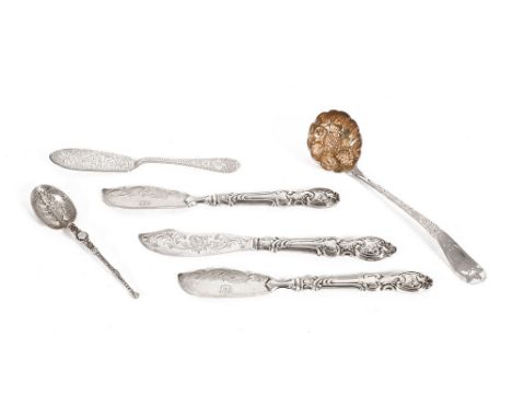 Six pieces of flatware, to include a Georgian silver ladle the bowl with silver gilt decoration and with pierced bowl, London