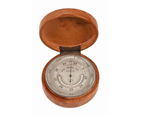 An Asprey & Co pocket or desk barometer in pigskin case, barometer diameter 65 mm.