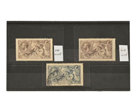 Stamps Great Britain 1918-1919, 2/6d and 10/-, "Seahorses" Bradbury Wilkinson Prints, two of the 2/6d values (SG414), one unm