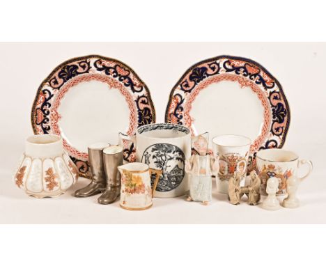 A pair of Royal Crown Derby shallow bowls, a Worcester barrel form jug, commemorative wares, "Miller" two handled jug, noddin