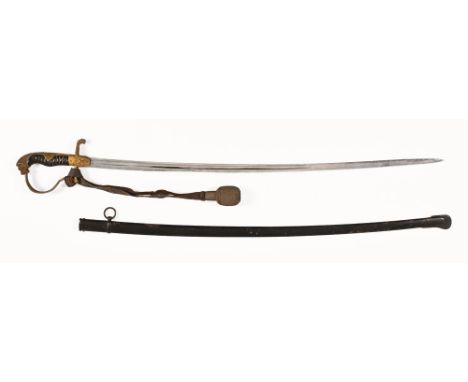 A First World War period German artillery officers sword, with curved single edged fullered blade.  Blade length 82 cm with c