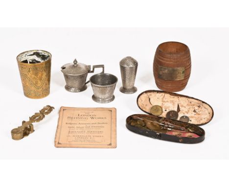 A set of Smith sovereign scales, a set of pocket scales, three piece Hampden pewter preserve pot, teak barrel marked HMS Gang