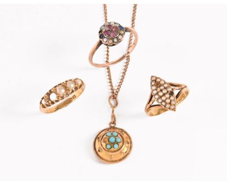 A 15 ct gold pearl set ring, missing two pearls, 18 ct gold pearl ring missing one pearl, 9 ct gold ruby sapphire and opal ri