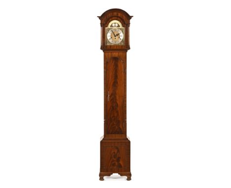 A 20th century mahogany grandmother clock, the dial marked Tempus Fugit with domed top, turned columns, arched trunk door and