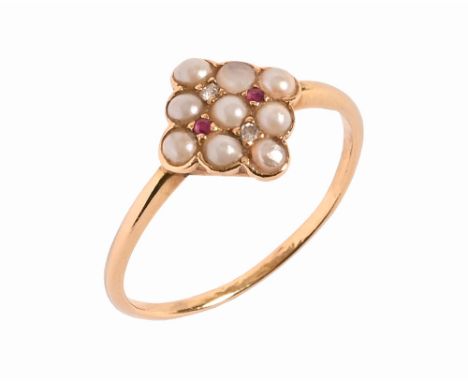 An 18 ct gold pearl diamond and ruby Art Deco ring.  Size L/M.