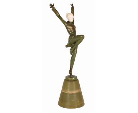 In the manner of Josef Lorenzl (1892-1950), an Austrian cold painted bronze figure "Hands Up" with carved ivory head and rais