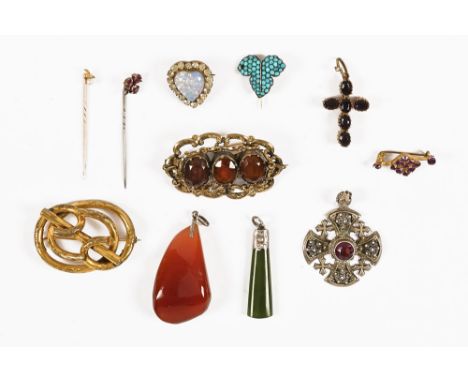 A collection of Victorian and vintage costume jewellery, two yellow metal brooches, white metal cruciform brooch, heart shape