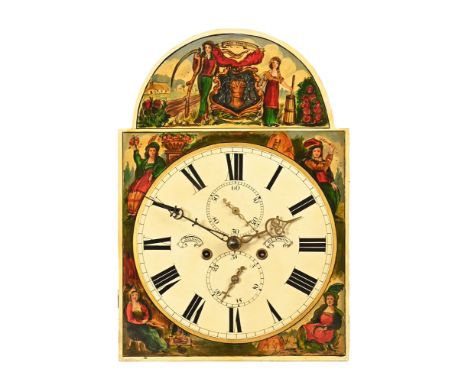 An early 19th century longcase clock dial and movement only, by C Jackson Glasgow, two train and with Farmers Arms scene to t