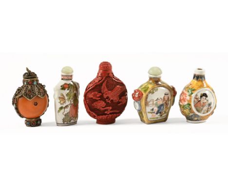 Five oriental scent bottles, ranging in height from 5.5 - 6 cm.   CONDITION REPORT:  All five scent bottles are in generally 