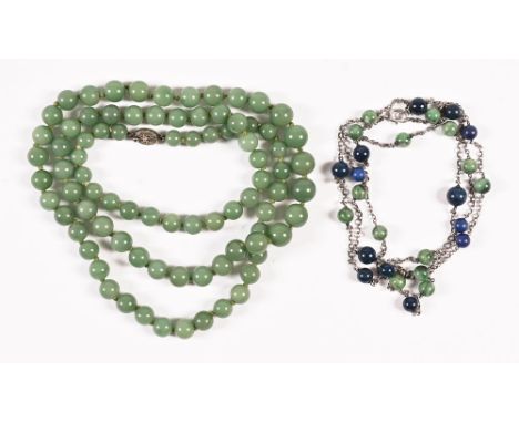 A silver Lapis Lazuli and jade necklace, and another.   CONDITION REPORT:  Both necklaces are in generally good condition.  T