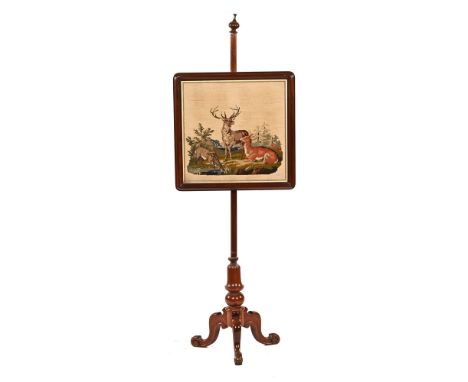 A Victorian mahogany pole screen, with tapestry red stag and hinds decoration.  Height 147 cm.