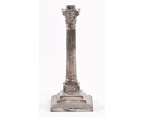 An early 20th century plated table lamp base, of Corinthian column design.  Height 40 cm.