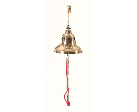 A brass hanging doorbell.  Height including fixing 22 cm, bell diameter 17 cm.