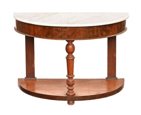 A Victorian marble topped demi lune washstand, with turned front leg support and low shelf.  Height 72 cm, width 97 cm, depth