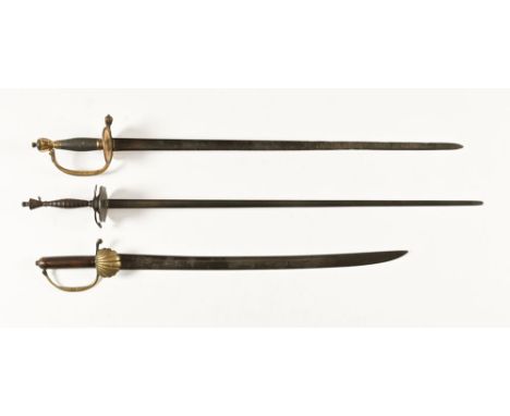 Three swords, the first a British Infantry Officers sword circa 1796, the blade marked GR with crown, the spine of the blade 