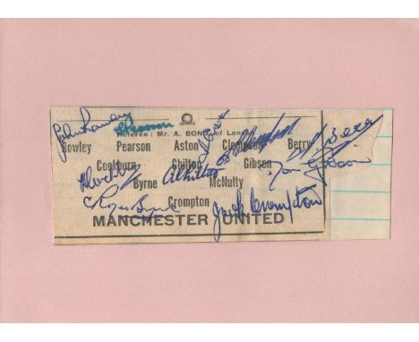 Football Manchester United vintage 1953 6x4 overall multi signed team page affixed to card includes 10 legendary signatures J