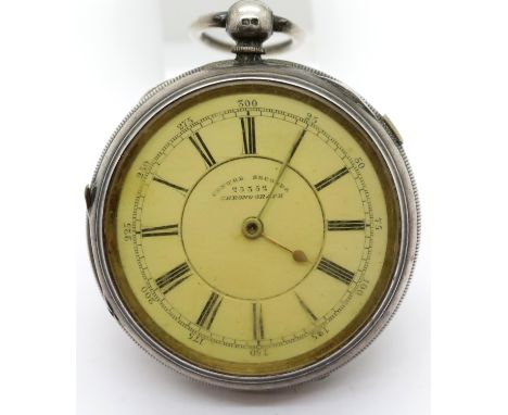 Victorian silver centre seconds chronograph pocket watch hallmarked Chester 1893. No key. Not working P&amp;P Group 1 (£14+VA
