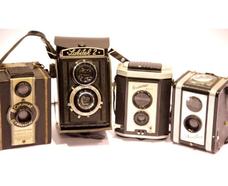 Collection of four 120 roll film cameras Lubitel 2, Kodak Brownie Reflex, Kodak Duaflex &amp; Coronet Twelve-20. P&amp;P Grou