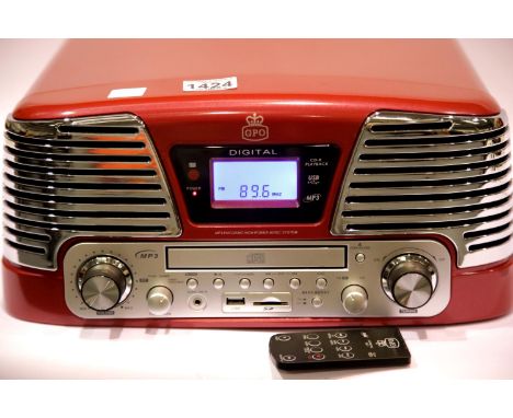 Red GPO Retro Memphis Music Centre ? three speed turntable, MP3/USB player, FM Radio with remote control. P&P Group 3 (£25+VA