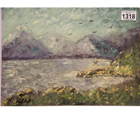 Oil on board of a coastal scene signed R Kray with HMP Parkhurst Prison stamps to verso, 24 x 32 cm. P&amp;P Group 1 (£14+VAT