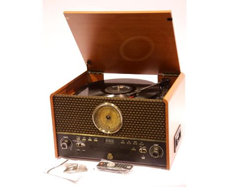 GPO Retro Chesterton Music Centre; three speed turntable; CD/MP3/USB player; FM radio; MP3 recorder; remote control and manua