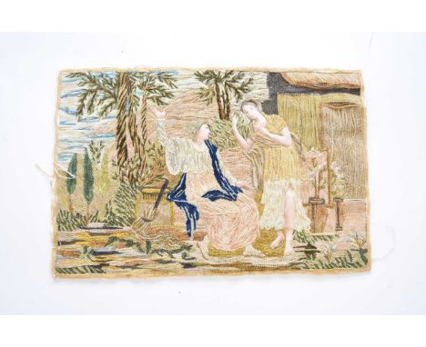 A 19th century wool-work panel, depicting a scene of figures conversing beside a hut, possibly a biblical scene, in coloured 
