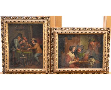 After Teniers, two interior tavern scenes, oil on panel, 15.5 x 20cm and 20 x 15.5cm, frames 20.5 x 25cm and 25 x 20.5cmPriva