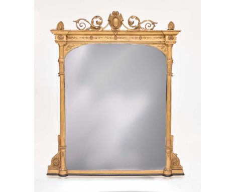 A Victorian, inverted breakfront, overmantel mirror, with moulded gesso garrya chains, paterae and beading, the cresting with