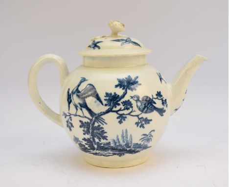 A Worcester 'Birds in Branches' blue and white teapot and cover, circa 1770, transfer-printed in underglaze blue, hatched cre