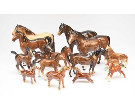 A collection of Beswick, Royal Doulton, Coopercraft and other horses, including a scarce Beswick chestnut foal, model 996; a 