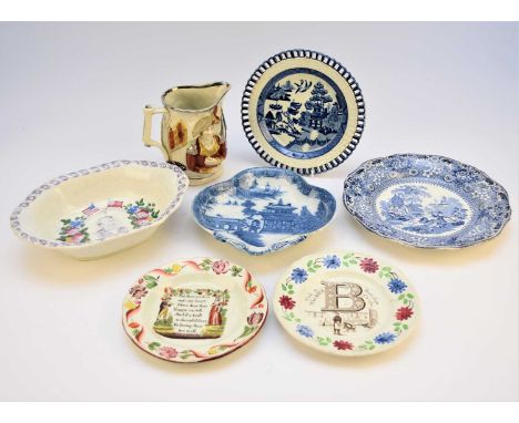 A group of 19th-century English pottery, comprising a commemorative silver lustre jug, circa 1830, with portraits of Lord Wel