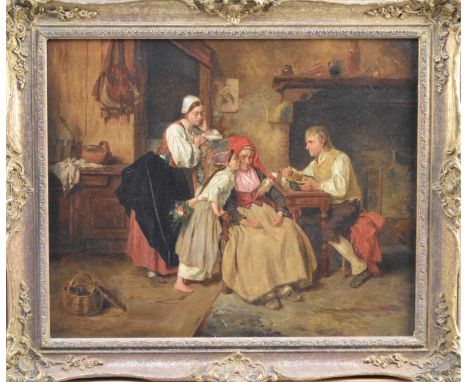 English School, 19th century, an interior scene centred around a farmhouse kitchen table, with a present being given to a sle