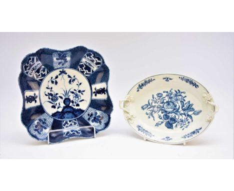 A Worcester 'Rose-Centered Spray' butter dish stand, circa 1765-70, transfer-printed in underglaze blue, painted hatched cres