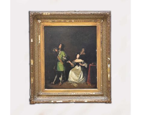 Manner of Gerard Terborch (1617-1681) 'A Disagreement' - Figures wearing seventeenth century costume in an interior, oil on p