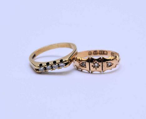 A Victorian 18ct gold three stone diamond ring, Birmingham 1897, ring size L, together with a four stone diamond ring, stampe