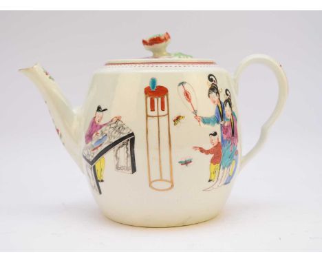 A Worcester 'Chinese Family Group' polychrome teapot and cover, circa 1770-5, of barrel form, unmarked, 14cm high (restored)S
