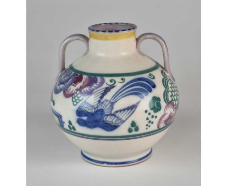 A Carter, Stabler &amp; Adams, Poole twin-handled vase in the ‘Bluebird’ pattern designed by Truda Carter, 18cm highCrazing t